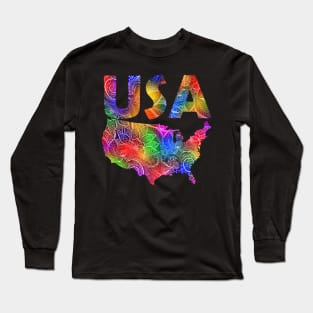 Colorful mandala art map of the United States of America with text in multicolor pattern Long Sleeve T-Shirt